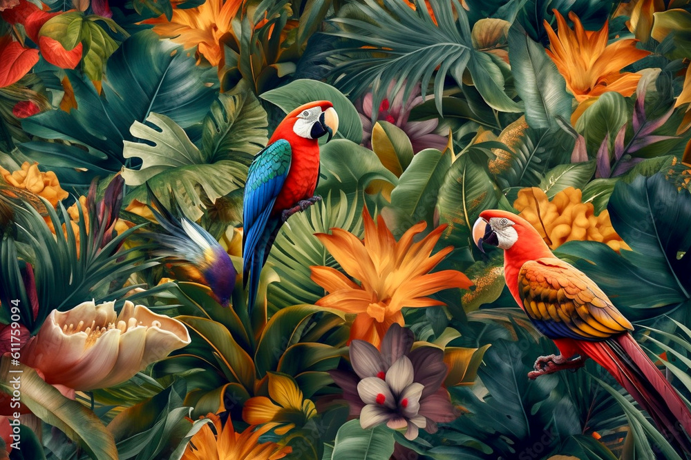 Tropical flowers seamless pattern with leaf and birds on black background. Illustration of exotic tropical garden for wedding invitations, greeting card and fashion design. ai generative
