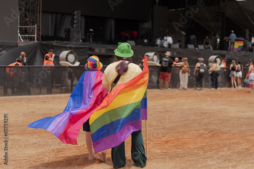 Tel Aviv, Israel - June 9, 2023: People at the Main Tel Aviv Pride Party of the annual Israel Pride Week at the Yehoshua Park. Tel Aviv hosts the largest LGBT event in the middle east.