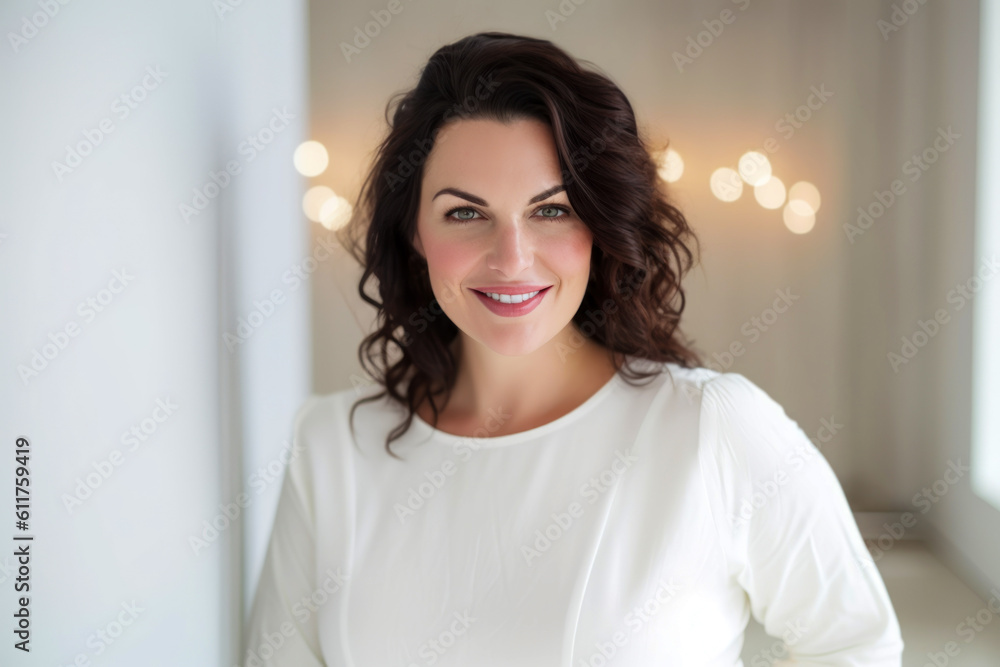 Smiling woman wearing white posing in a room with lights. Generative AI. Smiling woman wearing white posing in a room with lights. Generative AI.