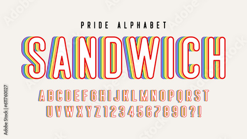 Original display rainbow font design, alphabet, letters and numbers.