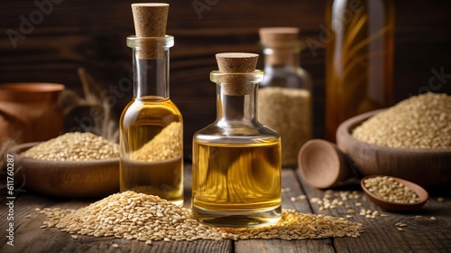 Sesame vegetable oil with grains and fields background, vegetarian dressing for salads and cooking. Healthly food. Generative AI