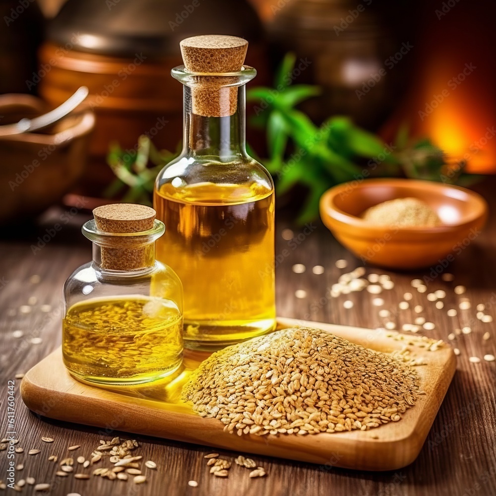 Sesame vegetable oil with grains and fields background, vegetarian dressing for salads and cooking. Healthly food. Generative AI Sesame vegetable oil with grains and fields background, vegetarian dressing for salads and cooking. Healthly food. Generative AI