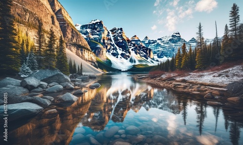 Fototapeta Naklejka Na Ścianę i Meble -  Beautiful Moraine lake in Banff National park, Canada, generative AI