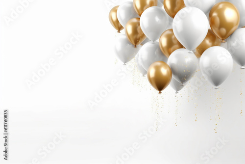 fliegende goldene und weiße Ballons auf hellem Hintergrund. Querformat. Generative Ai.