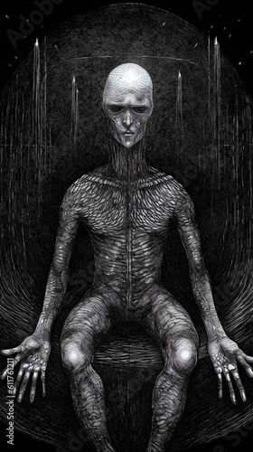 Symbolism surrealism ink drawing hatching, full body portrait including feet, a evil spirit making a threatening gesture, Generative AI © Dm