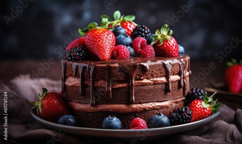 Chocolate cake with berries  generative AI