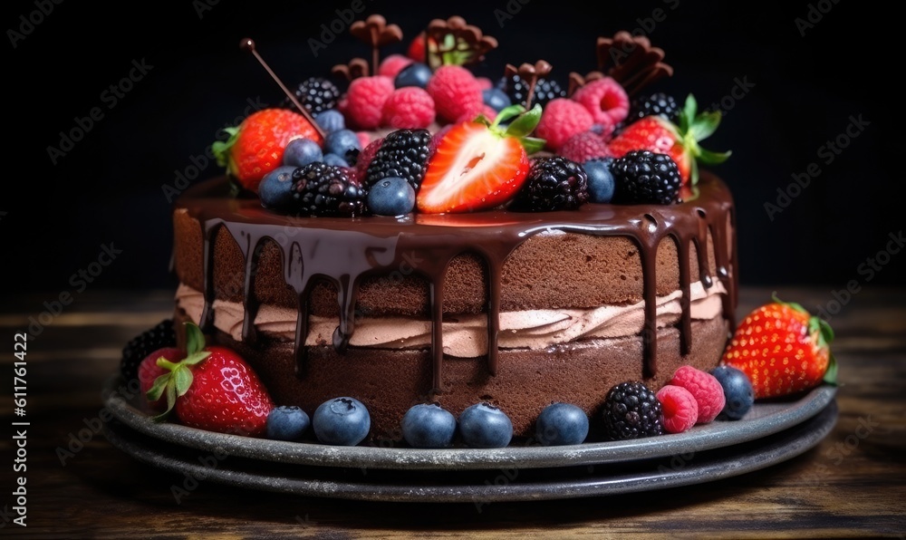 Chocolate cake with with berries, strawberries and cherries. cake on a dark brown background, generative AI Chocolate cake with with berries, strawberries and cherries. cake on a dark brown background, generative AI