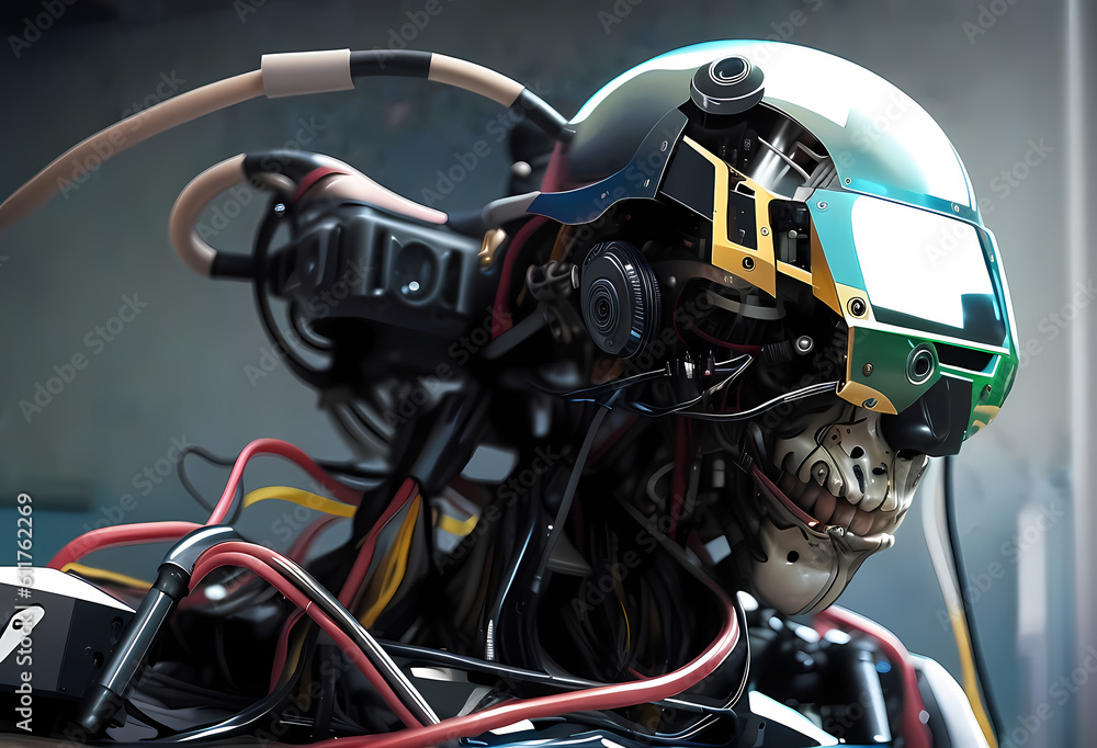 Fototapeta premium a robot artificial intelligence, cyborg, android, AI, Neural networks, Digital Twin, human-machine interfaces, wires face , computer head, Ai-Mitsu, cybernetics, cyberpunk art, future human, humanity