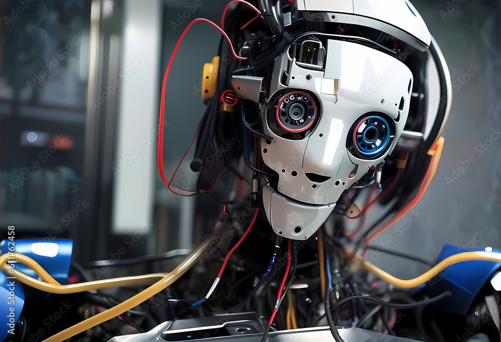 Fototapeta premium a robot artificial intelligence, cyborg, android, AI, Neural networks, Digital Twin, human-machine interfaces, wires face , computer head, Ai-Mitsu, cybernetics, cyberpunk art, future human, humanity