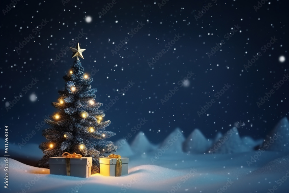 Snowy Christmas tree with gifts on a magical night winter background. Generative AI