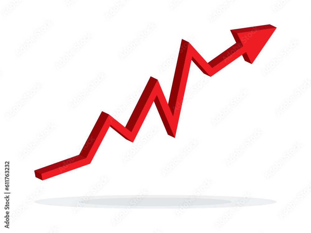 Growing business 3d arrow on white, Profit red arrow, Vector illustration.Business concept, growing chart. Concept of sales symbol icon with arrow moving up. Economic Arrow With Growing Trend. Growing business 3d arrow on white, Profit red arrow, Vector illustration.Business concept, growing chart. Concept of sales symbol icon with arrow moving up. Economic Arrow With Growing Trend.