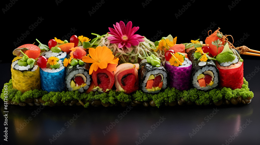 Plate of multicolor vegan rolls (generative ai)