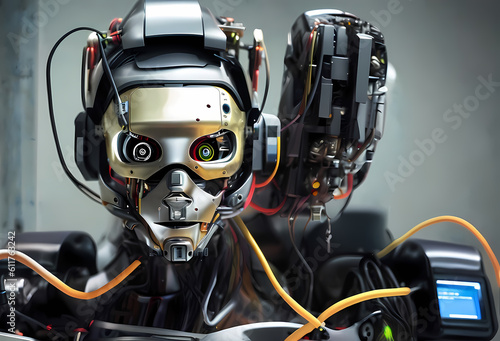 a robot artificial intelligence, cyborg, android, AI, Neural networks, Digital Twin, human-machine interfaces, wires face , computer head, Ai-Mitsu, cybernetics, cyberpunk art, future human, humanity