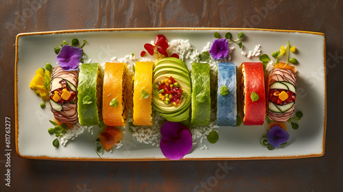 Fine platter of multicolor vegan rolls on a white rectangular plate (generative ai)
