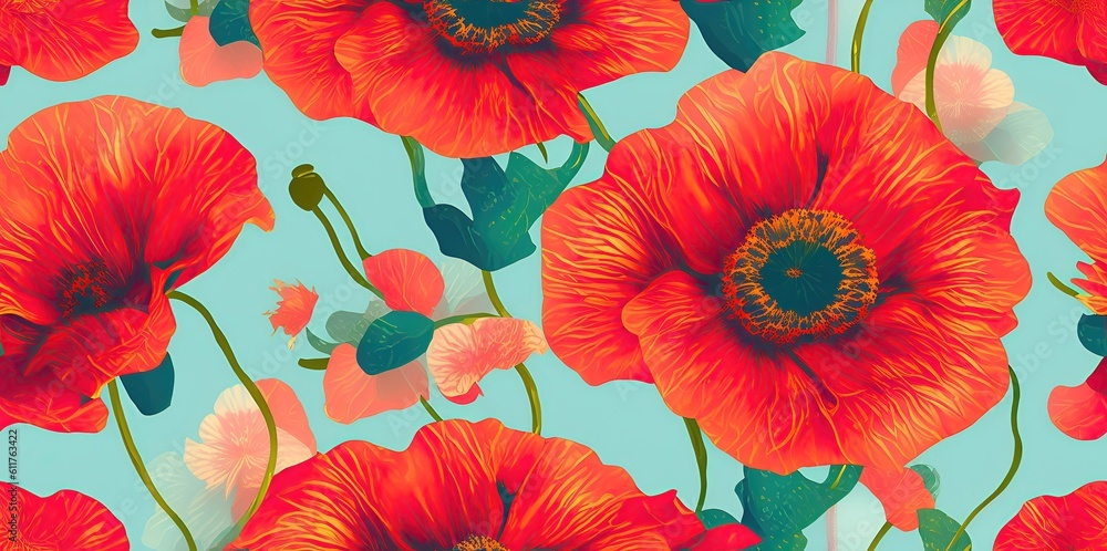 Beautiful Red poppies in vintage style with leaves as a background.