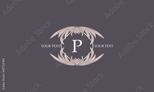 Floral monogram for cards, invitations, menus, labels with the letter P in the center. Graphic design for pages, business signage, boutiques, cafes, hotels.