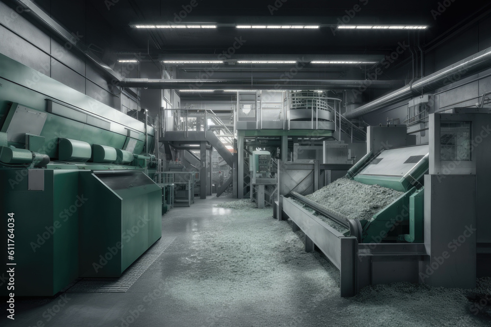 Environmental Safety. Industry Plant for sorting and processing plastic and paper waste. Conveyor assembly line with garbage bottles and packaging. Generation AI