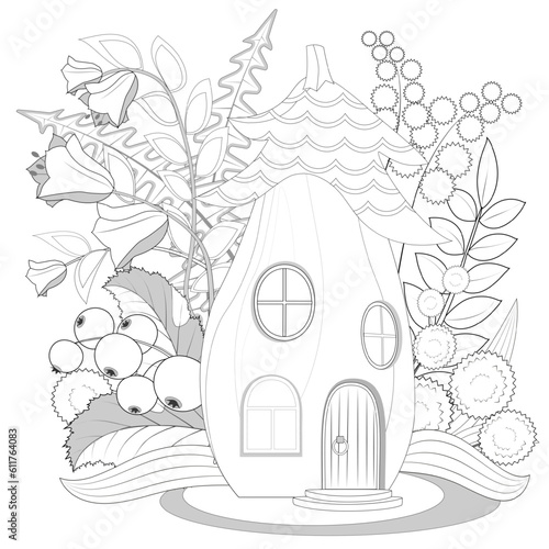 Cartoon fairytale eggplant house,  flowers, berries, leaves, branches. Coloring book page for adults. Vector illusrtation