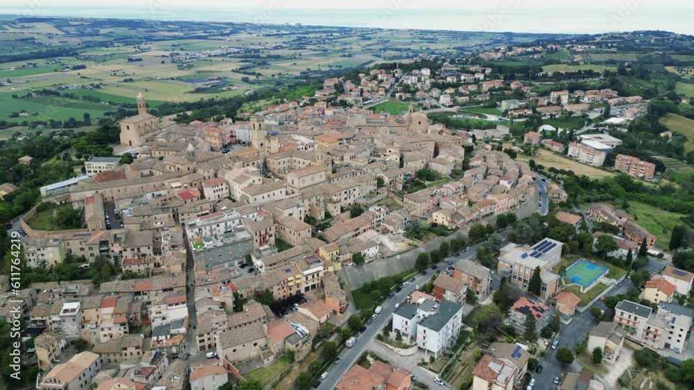 italy, june 2023 - aerial view of the medieval village of Potenza Picena in the province of Macerata in the Marche region. From the town you can see Mount Conero and the Adriatic Sea in the background italy, june 2023 - aerial view of the medieval village of Potenza Picena in the province of Macerata in the Marche region. From the town you can see Mount Conero and the Adriatic Sea in the background