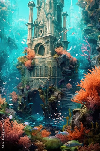 a hidden kingdom beneath the waves, where merfolk reign and vibrant marine life thrives photo