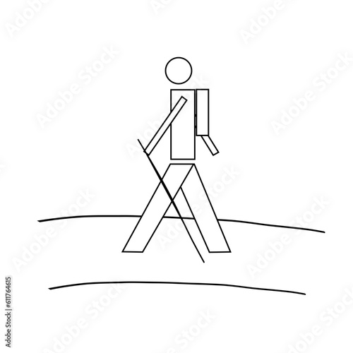 White silhouette of a hiker walking calmly along a path with a cane.