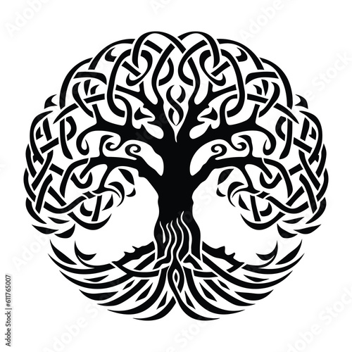 Celtic Tree of life decorative Vector ornament, Graphic arts, dot work. Grunge vector illustration of the Scandinavian myths with Celtic culture.