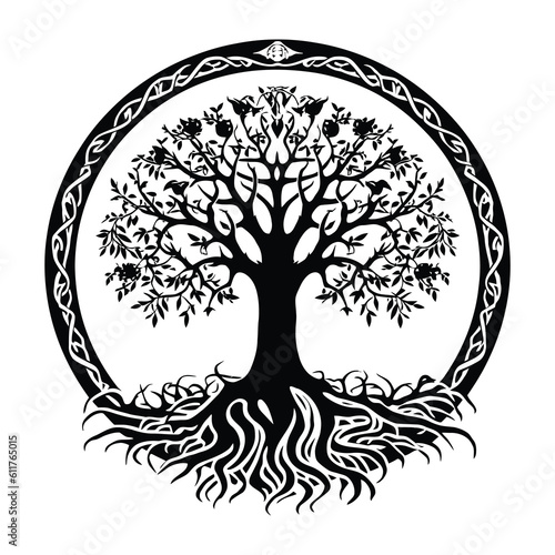 Celtic Tree of life decorative Vector ornament, Graphic arts, dot work. Grunge vector illustration of the Scandinavian myths with Celtic culture.