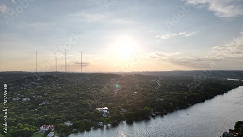 Aerial view of Lake Austin, via Mount Bonnell, with downtown's skyline to the left and the Pennybacker Bridge to the right. 