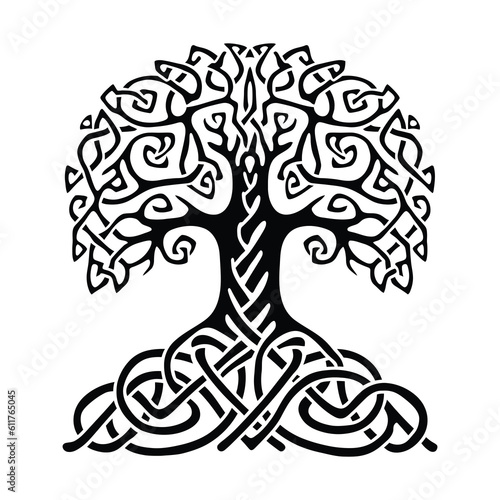 Celtic Tree of life decorative Vector ornament, Graphic arts, dot work. Grunge vector illustration of the Scandinavian myths with Celtic culture.