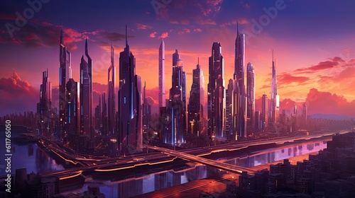  futuristic cityscape at dusk, showcasing sleek skyscrapers and advanced technology integrated into the urban landscape