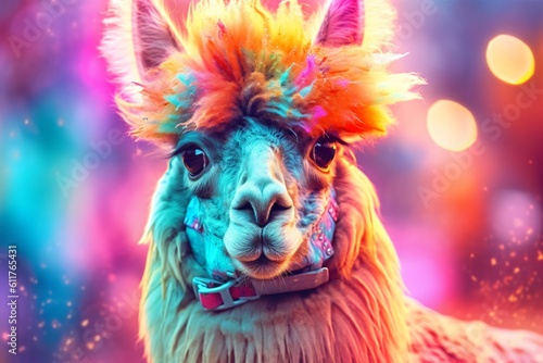 colorful portrait of a young and crazy alpaca, generative ai