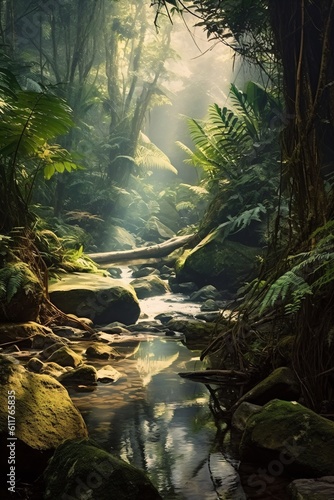 amazon rainforest with tropical vegetation, a creek runs through a mysterious jungle, a mountain stream in a lush green valley, fictional landscape created with generative ai © CROCOTHERY