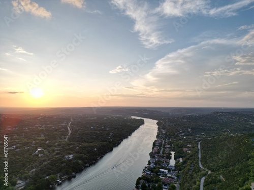 Aerial view of Lake Austin, via Mount Bonnell, with downtown's skyline to the left and the Pennybacker Bridge to the right.  photo