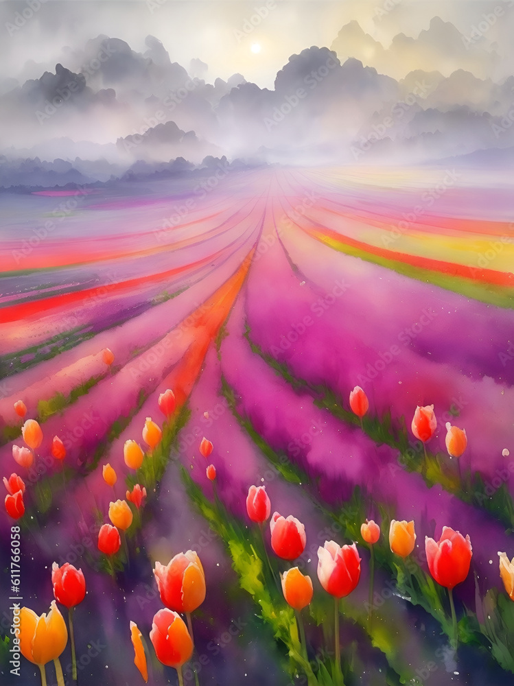 Red tulips field. AI generated illustration