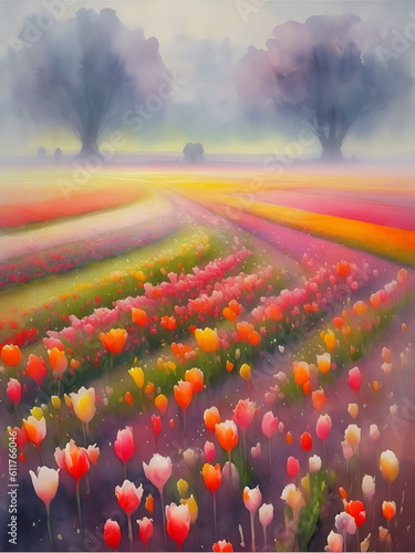 Red tulips field. AI generated illustration © vector_master