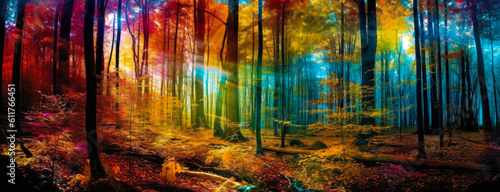 Enchanting dense forest scene with captivating sunlight filtering through trees, casting vibrant multicolored shadows on the forest floor. Emotionally stirring. Generative AI