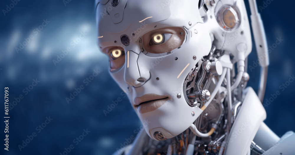 Baner with stylish handsome cyborg head in profile on a blue bokeh background. Futuristic man with copy space. Generative AI Baner with stylish handsome cyborg head in profile on a blue bokeh background. Futuristic man with copy space. Generative AI