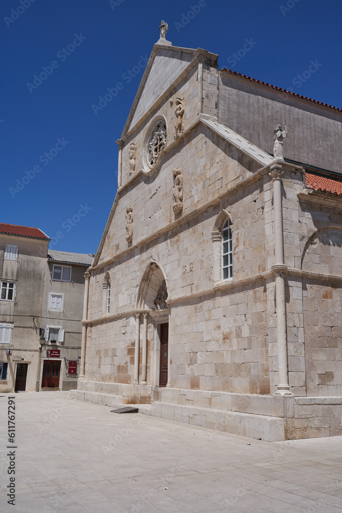 Pag, Croatia - May 19, 2023 - the Church of the Assumption of the Blessed Virgin Mary, ecclesiastical architecture, catholic religion