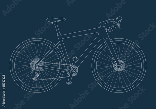 Gravel, road, cyclocross, endurance bicycle in line sketch on dark background. Simple vector isolated illustration in outline style