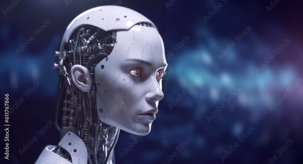 Baner with stylish handsome cyborg head in profile on a blue bokeh background. Futuristic woman with copy space. Generative AI Baner with stylish handsome cyborg head in profile on a blue bokeh background. Futuristic woman with copy space. Generative AI
