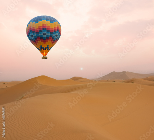 Desert and hot air balloon Landscape at Sunrise. Travel, inspiration, success, dream, flight concept