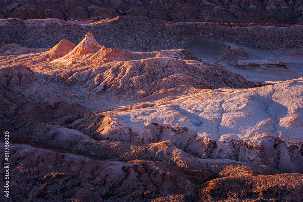 Sunrise over the strongly eroded badlands of the Moon Valley (Valle de la Luna) in the vicinity of San Pedro de Atacama, Chile
