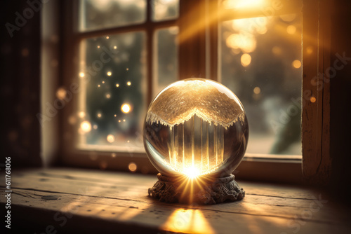 Captivating image of magical sparks emitting from a crystal ball on an elegant wooden desk, bathed in warm, antique light from a nearby window. Emotional and enchanting. Generative AI photo