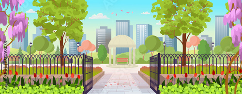 Blooming park in spring. Entrance to the park day. Open gates to the park. Beautiful summer park with gazebo, rotunda, benches, lanterns. Flat cartoon style.