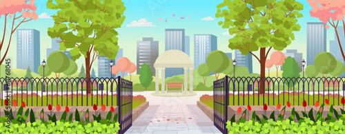 Entrance to the park day. Open gates to the park. Beautiful summer park with gazebo, rotunda, benches, lanterns. Flat cartoon style.