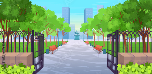 Entrance to the park day. Open gates to the park. Panorama road over the summer  park with benches, trees, lanterns and a monument. Vector illustration of summer city street in cartoon style.