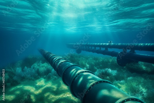 Underwater pipes at the bottom of the sea or ocean. AI generated, human enhanced