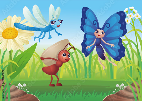 Summer Landscape of field with cartoon butterfly  ant  dragonfly  flowers and blue sky background. Vector illustration in cartoon style