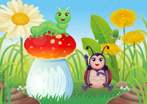 Summer Landscape of field with cartoon ladybug and caterpillar  flowers and  red mushroom blue sky background. Vector illustration in cartoon style