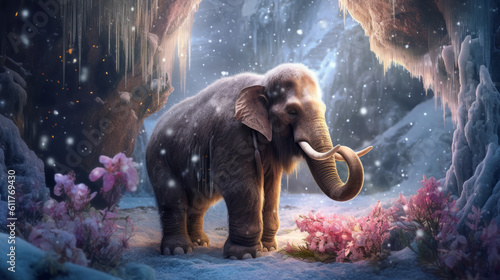 Young Mammoth prehistoric animals of the ice age, portraits of the ancient baby elephant. Created in AI. © Ренат Хисматулин